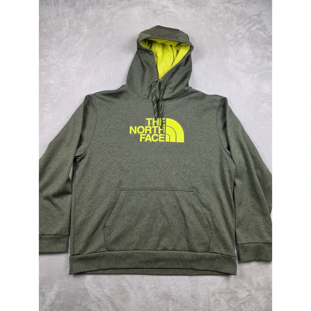 The North Face Hoodie Mens XL Green Yellow Logo Fleece Pullover Sweatshirt